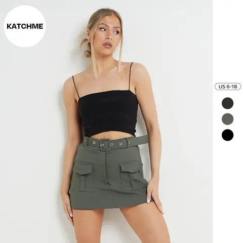 KatchMe Womenswear Versatile Solid Color Pockets Belt Decor Skort,Skorts for Daily Outdoor Wear,Plain Flap Pockets A Line Skort,Street Womenswear Bottom Skirts