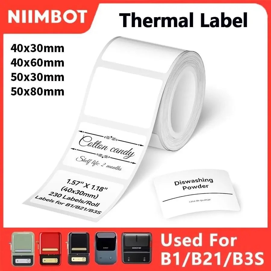 Niimbot B1 Thermal Label Paper, Waterproof UV-Resistant Self-Adhesive Roll, Compatible with B1 B21 B3s Printers, Barcode Qr Code Labels, Direct Thermal Labels, Direct Thermal Sticker, Labels for Printers