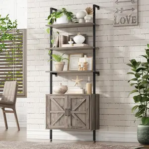 Vabches Ladder Bookshelf with Cabinet, 6 Tier Wall Mount Ladder Bookcase with Farmhouse Cabinet, Tall Open Ladder Shelf with Metal Frame for Living Room, Bathroom, Home Office