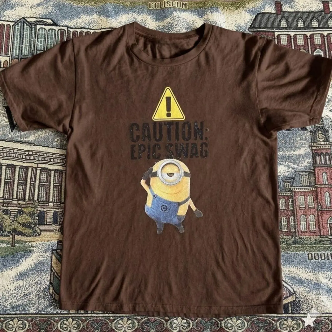 Minion Swag T-shirt Vintage Caution Epic Swag Graphic Tee, Retro Humorous Movie Character Meme Shirt, Brown Loose Fit Top