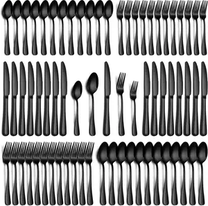 Fmvkoe 60pcs Silvery/Black Stainless Steel Silverware Suitable For 12 People To Use, Steak Knife, Salad Fork, Dessert Spoons, Cutlery Set With Gift Box, Kitchen Accessories, Home Outdoor, Wedding Camping Stuff, Christmas Party Gift, Dishwasher Safe