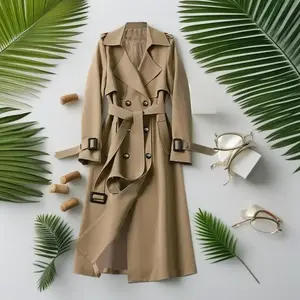Women's Solid Double Button Belted Trench Coats, Elegant Lapel Neck Long Sleeve Coat for Fall, Winter Wear Casual Wear, Women's Casual Jackets Outerwear for Daily Wear, Winter Clothes Women, Coats for Women(gift)