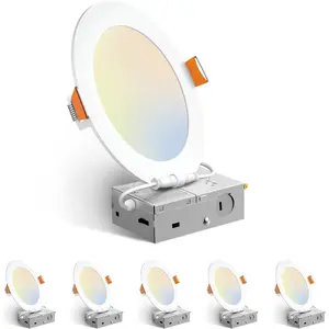 6 Pack 6 Inch 5CCT Ultra-Thin LED Recessed Ceiling Light with Junction Box, 2700K/3000K/3500K/4000K/5000K Selectable, 12W Eqv 110W 1050LM Brightness Dimmable Canless Wafer Downlight, ETL & FCC