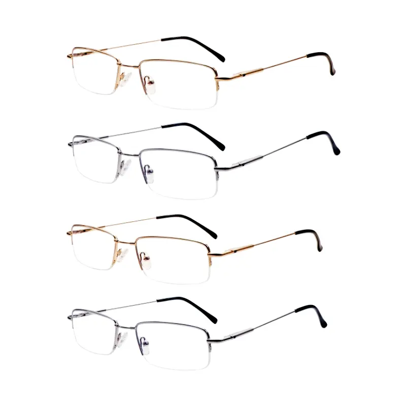 4-Pack Half-Rim Metal Reading Glasses, Lightweight Flexible Frames with Anti-Blue Light for Daily Computer Use