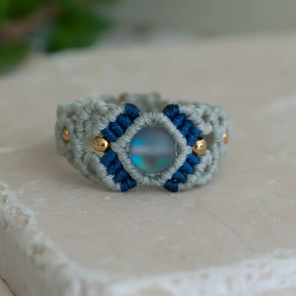Cigar Band Macrame Ring - Two-Tone Light Gray & Navy Blue with Mermaid Glass