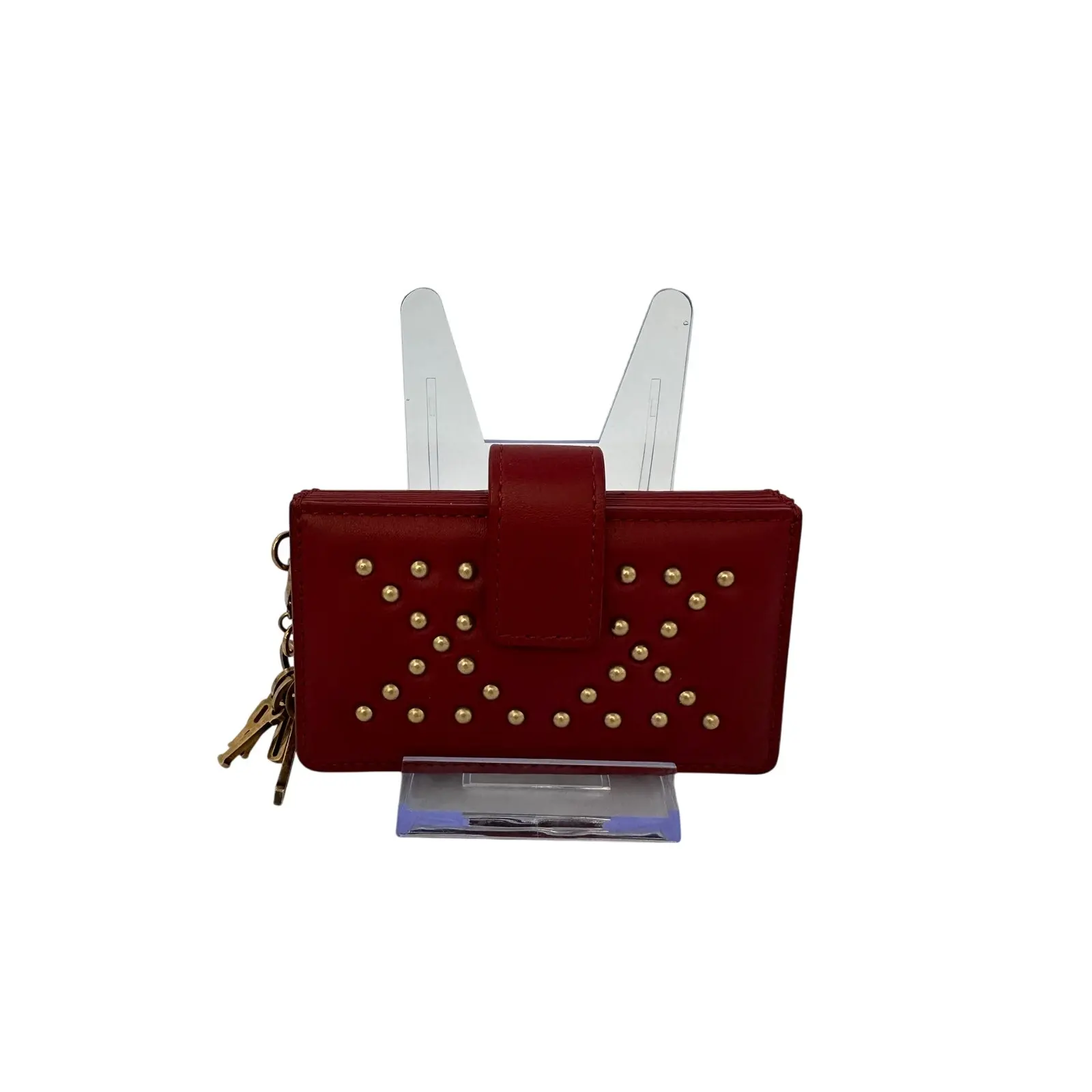 Pre-owned Dior Lambskin Leather Wallet Christian Red Studded Accordion Style Card Holder Gold Key Charms, Snap Closure, Zip Feature, Excellent Condition (Pre Loved Small Leather Goods)