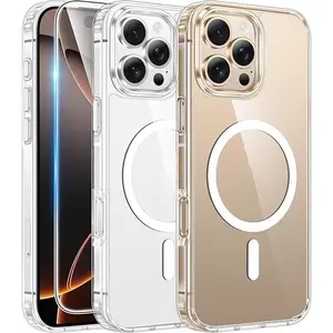 Transparent Magnetic Phone Case with 1Pack Screen Protector, Compatible with iPhone 17, 16E, 15, 14 , 13, 12 , 11Pro Max  Pro Plus Air, acrylic Ultra Clear & Anti-Yellowing, Shockproof Protection Cover, Wireless Charging Support