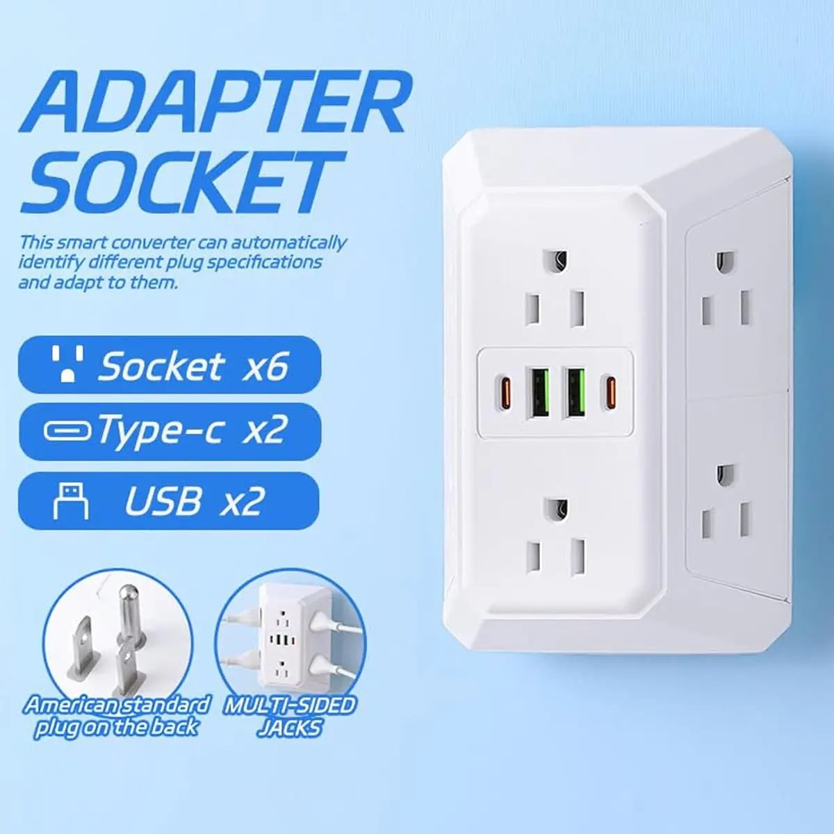 Wall-mounted charger, surge protector, 6 Outlet Extender, AC power port + 4 USB ports (including 2 USB-C ports), three-sided power plug adapter with multiple plug adapters, suitable for home, travel and office use,Father's Day Gift