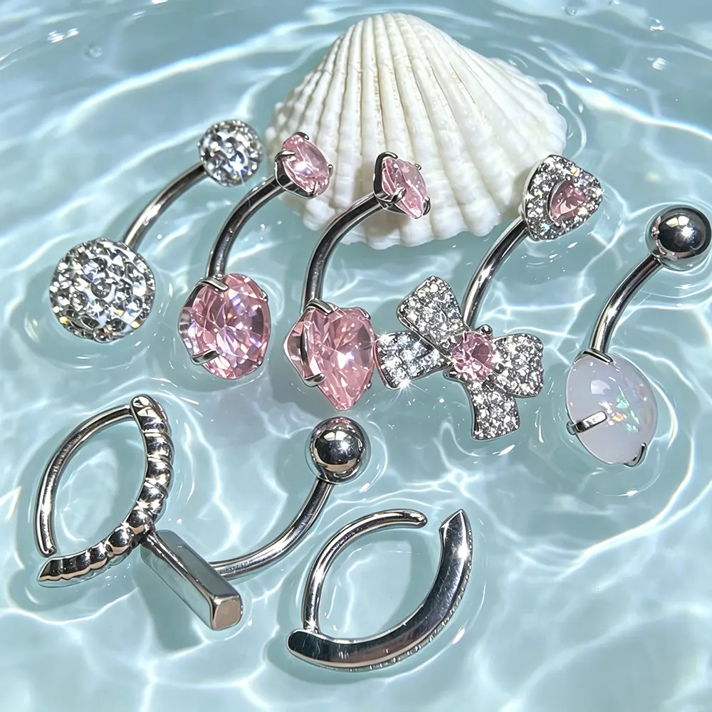 8PCS Belly Button Ring,Sexy Short Style Stainless Steel Belly Rings 14G 1.6MM Belly Piercing,Cute Navel Belly Piercing for Women Pink Belly Ring Pack Body Jewellery Body Jewelry