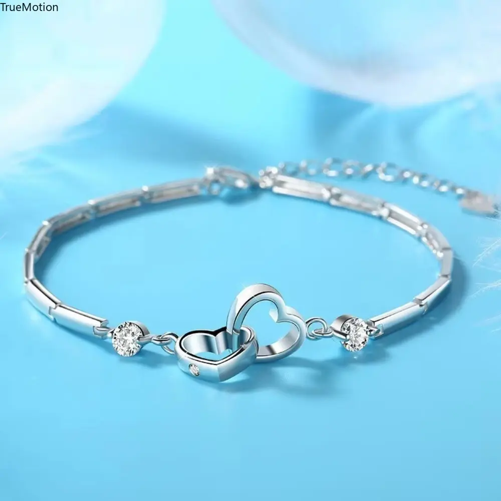 925 Sterling Silver Double Heart Charm Adjustable Bracelet - Hypoallergenic, Korean Vintage Zircon, Exquisite Luggage & Travel Bag Accessory Jewelry, Charms Bracelet, Korean Charm