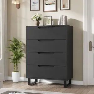 Modern 4-Drawer Tall Dresser – Slim Metal Legs, Space-Saving Vertical Design, Black Linen Texture