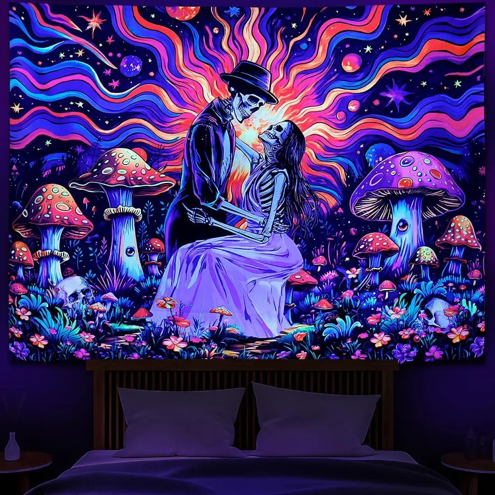 Heopapin Blacklight Skeleton Couple Tapestry UV Reactive The Lovers Skull Wall Hanging Tapestry Romantic Cosmos Galaxy Aesthetic Tapesties for Living Room Bedroom 59.1L x 51.2W