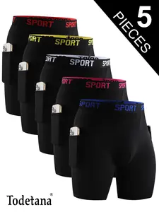 5 Packs Men's Solid Color / Letter Tape Stretchy Boxer Briefs with Double Pockets – Casual, Slim Fit, Comfortable, Breathable, Moisture-Absorbing, Opening Crotch Underwear for Daily Wear, All Seasons, Athleisure Menswear