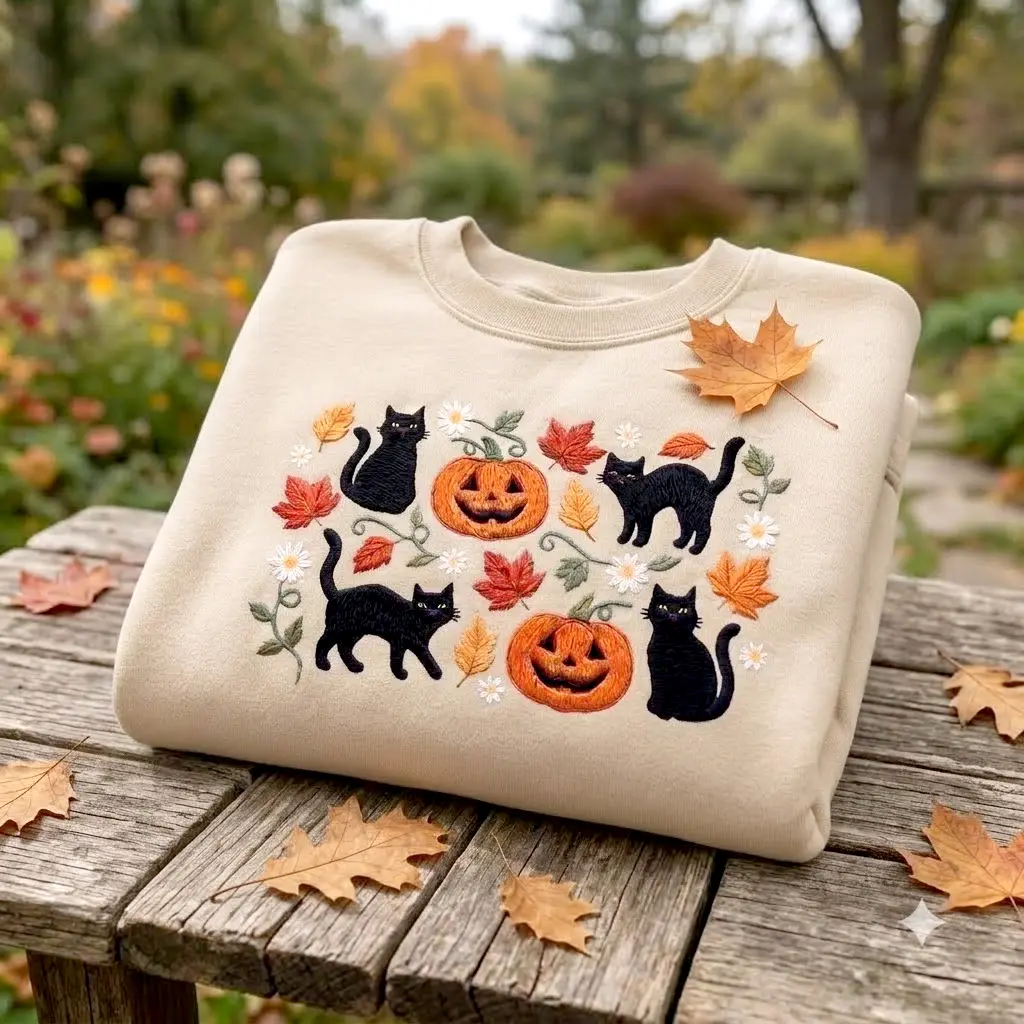 Embroidered Folk Art Black Cats & Pumpkins Sweatshirt, Halloween Pumpkin Sweatshirt, Floral Spooky Season Shirt, Cozy Fall Cat Lover Gift