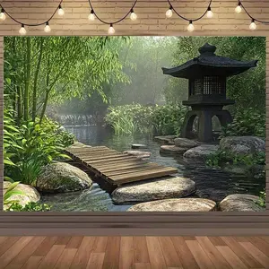 1PC Summervibes 2D Flat Japanese Zen Garden Door Banner - Polyester Reusable Tapestry with Bamboo Forest, Flowing Water, Stone Lantern, Wooden Bridge, Party Decoration Supplies, Photoshoot Backdrop, Home Wall Decoration Curtain for Birthday Festivals, Pho
