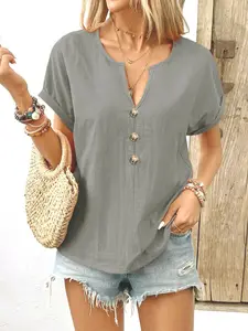 Women's Small V Neck Folded Hem Short Sleeve Three Button Casual Commuter Slimming Top Blouse Shirts, Stylish and Comfortable Summer Wear