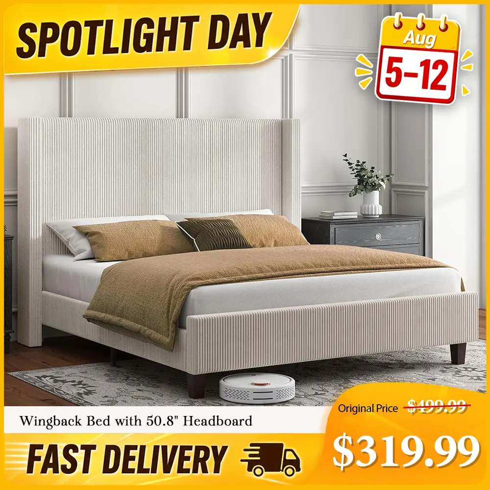【Spotlight Day】【Bed Frame Only】VanAcc Upholstered Platform Bed Frame, Wingback Bed with 50.8" Headboard, Modern Corduroy Design, Solid Wood Leg/No Box Spring Needed, Unique Bedroom Furniture #homemakeover