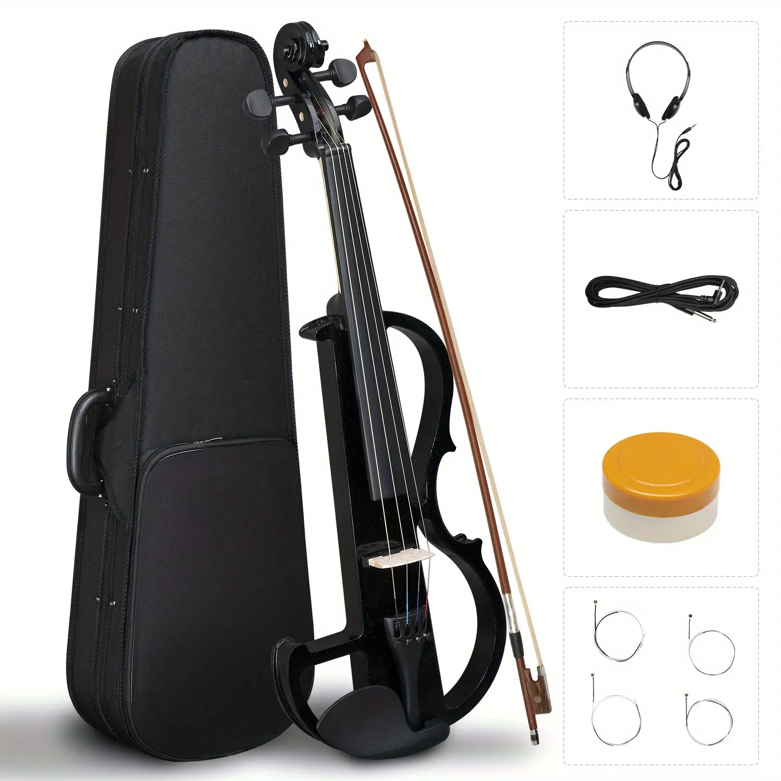 Unisex 4/4 Full Size Bunnel Edge 4-String Electric Silent Violin - Basswood-Arbor Construction, 9V Compatible, Unique 3-Band EQ, Case, Bow, Rosin, 1x Headphone Connecting Line, None Additional Accessories, Black, 1Xconnecting Line