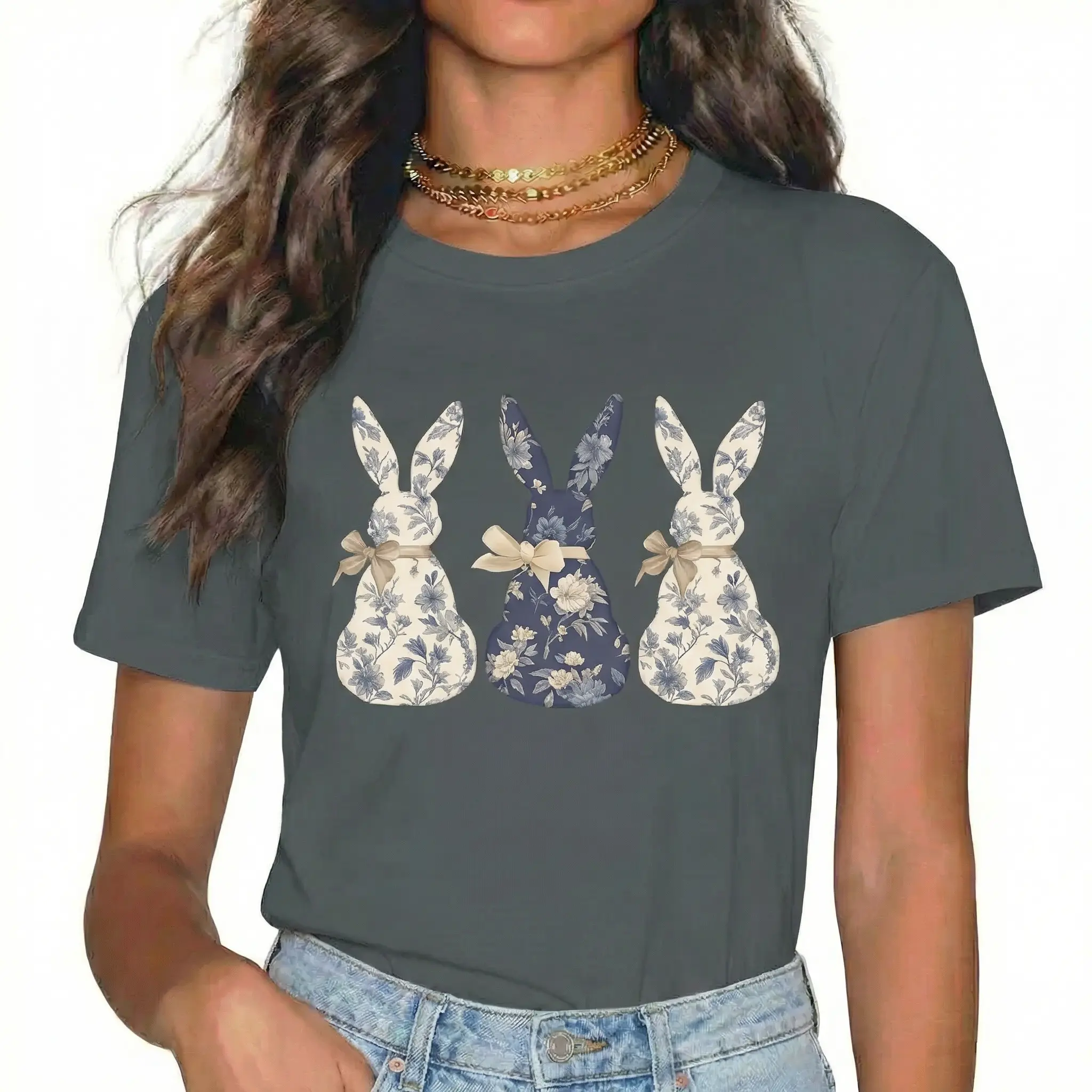 Women's Vintage Floral Easter Bunny Print Cotton Short-Sleeve Round-Neck Apparel, Fit Cottagecore Boho Aesthetic Spring Fashion Top for Easter Sunday Holiday (White)