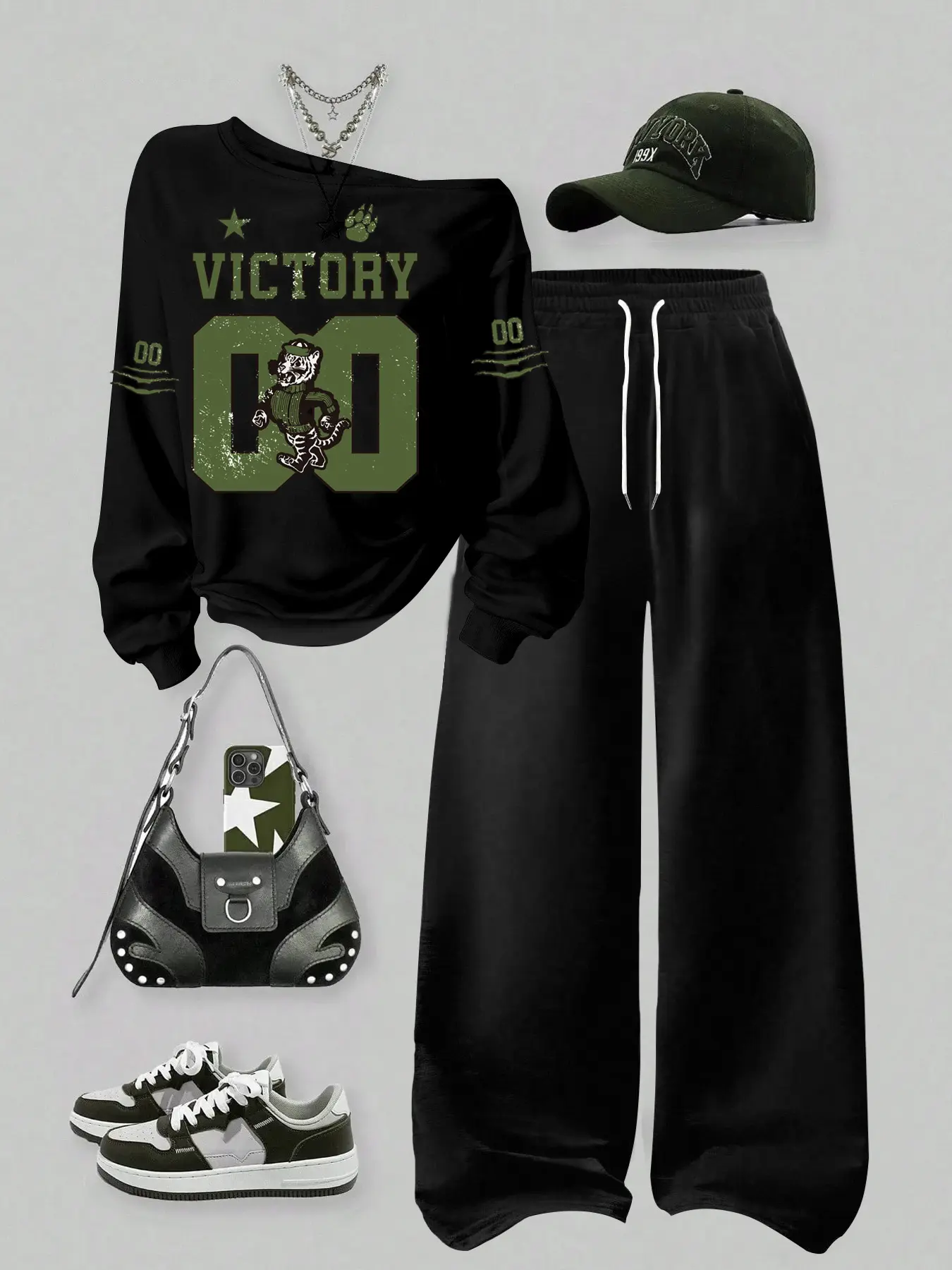 Black 'Victory' Tiger Graphic Tracksuit Set, Apparel Casual Tracksuits, Oversized Sweatshirt + Baggy Pants, TikTok Sporty Aesthetic, Bold Number Print, Comfy Fabric, #OOTD & #StreetwearVibes, Match with Caps/Sneakers for Casual Fits