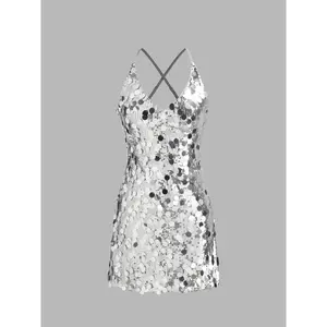 Cider [5 colors, size 0-10] Sequins U-neckline Criss Cross Mini Dress