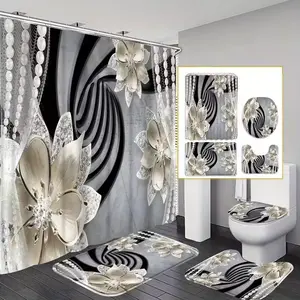 1/4pcs Luxury Diamond Flower Pattern Bathroom Shower Curtain and Mat Set, includes 12 hooks, non-slip bathroom mat, non-slip toilet U-shaped mat, toilet seat cover, bathroom partition, modern home decor.