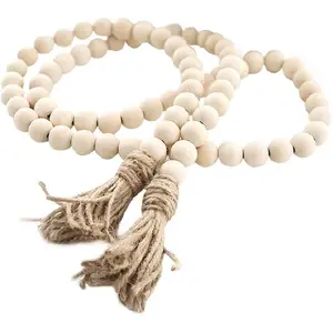Farmhouse Beads 58in Wood Bead Boho Tassel Garland - Rustic Country Boho Chic Decor for Wall, Above Cabinet & Table
