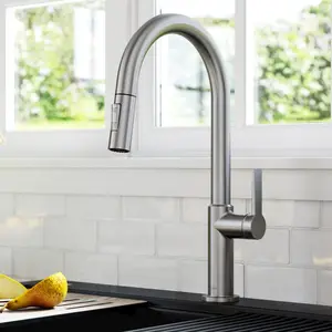 212 MAIN Kraus Oletto Pull-Out Kitchen Faucet - Brass, High Arc, Modern Sleek, Stainless Steel, Quick Install, Single Hole Kitchen Fixture Accessory
