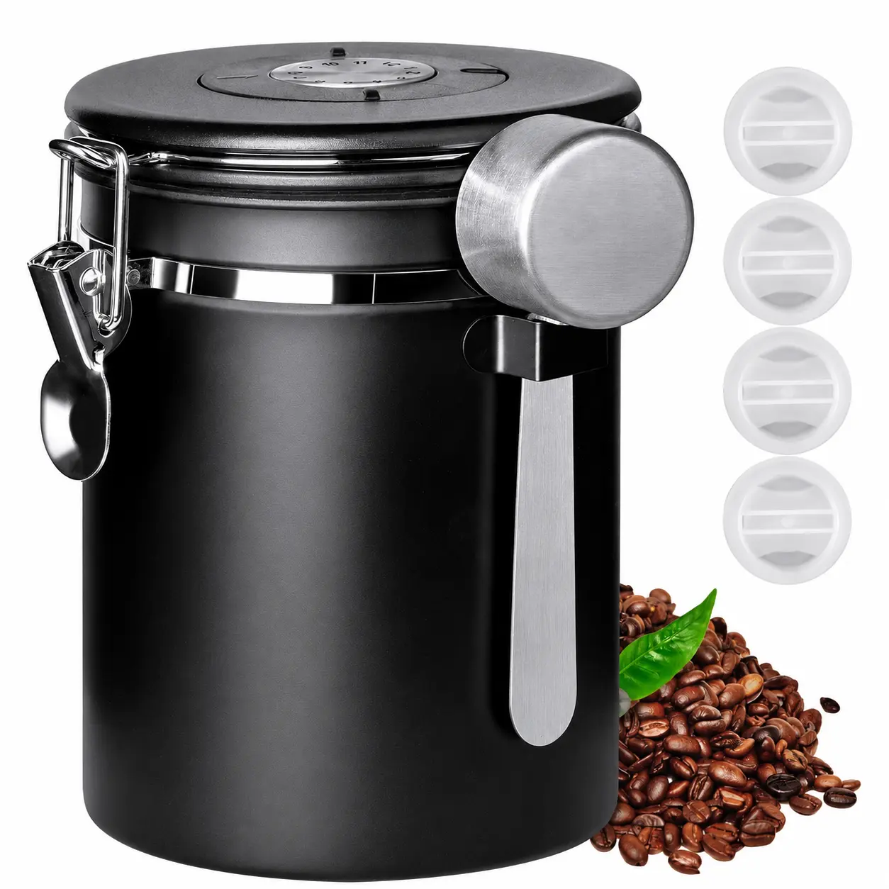 Stainless Steel Airtight Seal Tea & Coffee Canister Set - 22oz Kitchen Canisters, 4 Replacement Valves, 30ml Scoop, Kitchen Tool - Ideal Gift for Coffee Lovers, Thanksgiving, Silicone, Double Ring