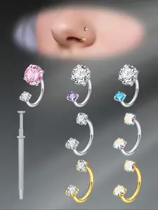 2PCS Stainless Steel Horseshoe Nose Rings Hoops, 16G Internal Thread Nose Rings For Women Men,  Crystal Horseshoe Septum Lip Eyebrow Helix Daith Ear Piercing Jewelry-8mm Piercing Taper Ball Grabber Tool For Changing Jewelry Nose Piercings Kit