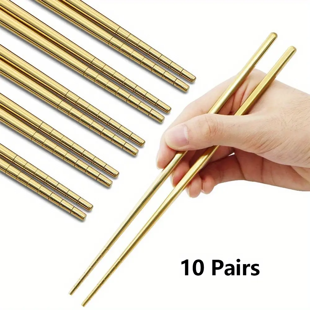 Reusable Gold Chopsticks 10 Pairs Set, 8.9 in Titanium Gold-Plated Stainless Steel Kitchen Tableware, Non-Slip & Dishwasher Safe for Dining, Korean Chopsticks, Child, Eco-Friendly, All Users, Durable, Cutlery, Korean Meals, 8.9 Inches, Korean Cuisine