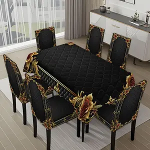 5/7-piece 2D Flat Printing Black and Gold Rose Pattern Printing Pattern Tablecloth and Chair Cover Set, for dining table and chair decoration, perfect for home, holiday gatherings, restaurants, and parties, Dining Chair Slipcover