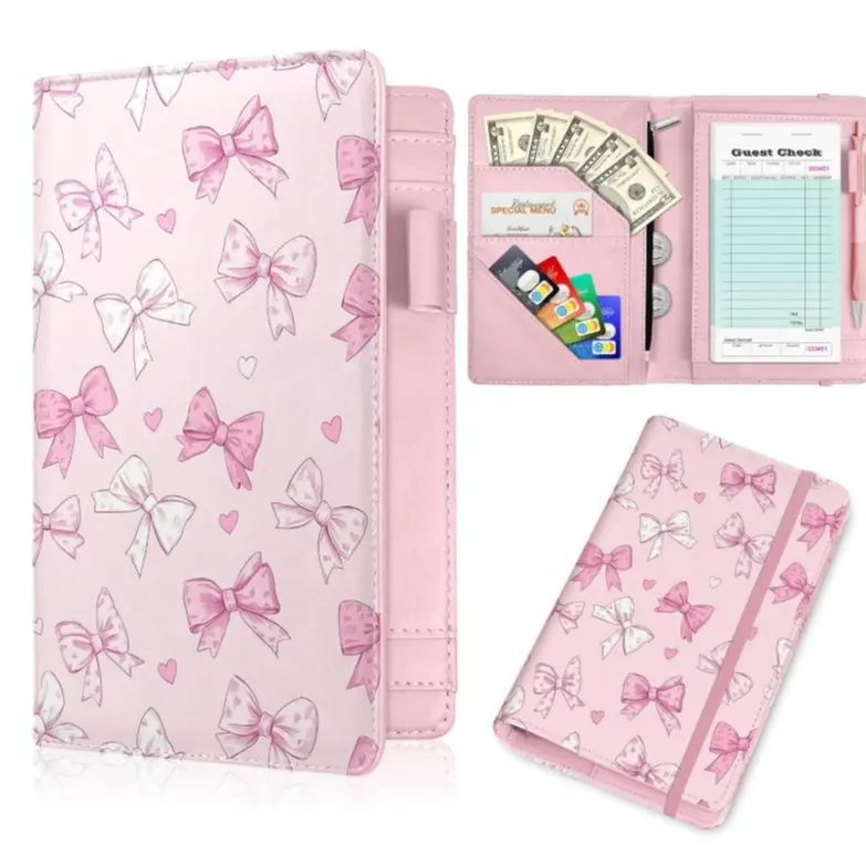 Pink Server Book with Zipper Pocket for Waitresses and Waiters