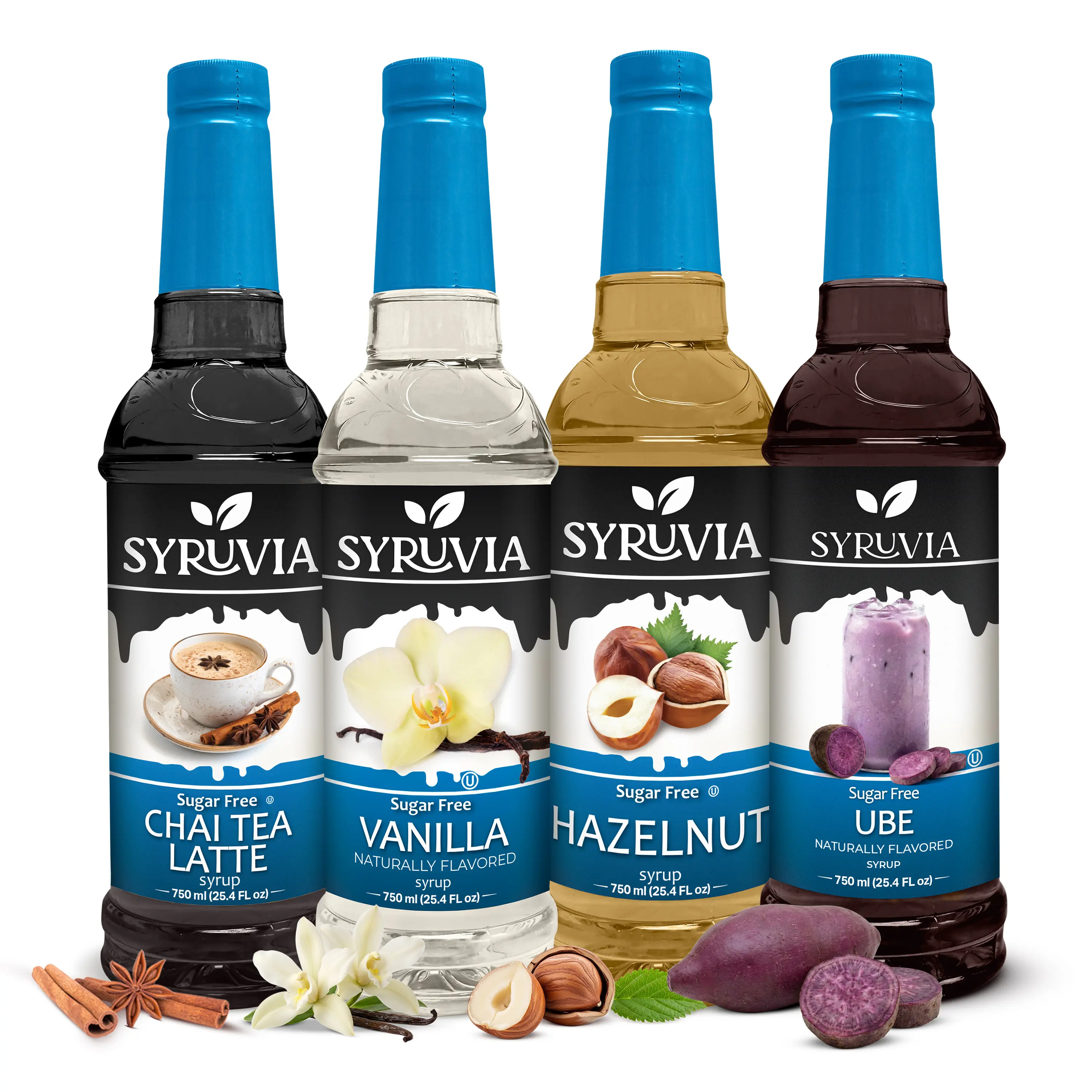Syruvia Sugar Free Coffee Syrup Variety Pack – Chai Tea Late, Vanilla, Hazelnut & Ube Flavors – Gluten-Free, Kosher, 25.4 fl oz Bottles – Indulgent Cafe Style Flavor for Coffee, Lattes & Desserts (4-Pack)