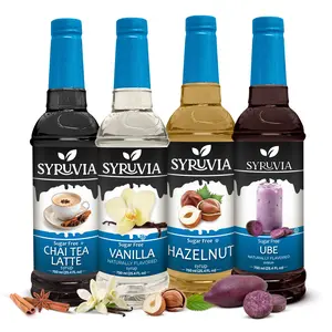 Syruvia Sugar Free Coffee Syrup Variety Pack – Chai Tea Late, Vanilla, Hazelnut & Ube Flavors – Gluten-Free, Kosher, 25.4 fl oz Bottles – Indulgent Cafe Style Flavor for Coffee, Lattes & Desserts (4-Pack)