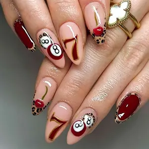24pcs Long Almond Leopard Print Cherry French Press-On Nails, Perfect Fit Acrylic False Nails Set, Easy Wear for Parties Dance Daily Use
