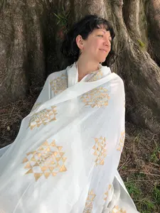 Ivory Sri Yantra Scarf - Meditation Shawl & Wedding or White Bridal Shawl with Sacred Geometry Design