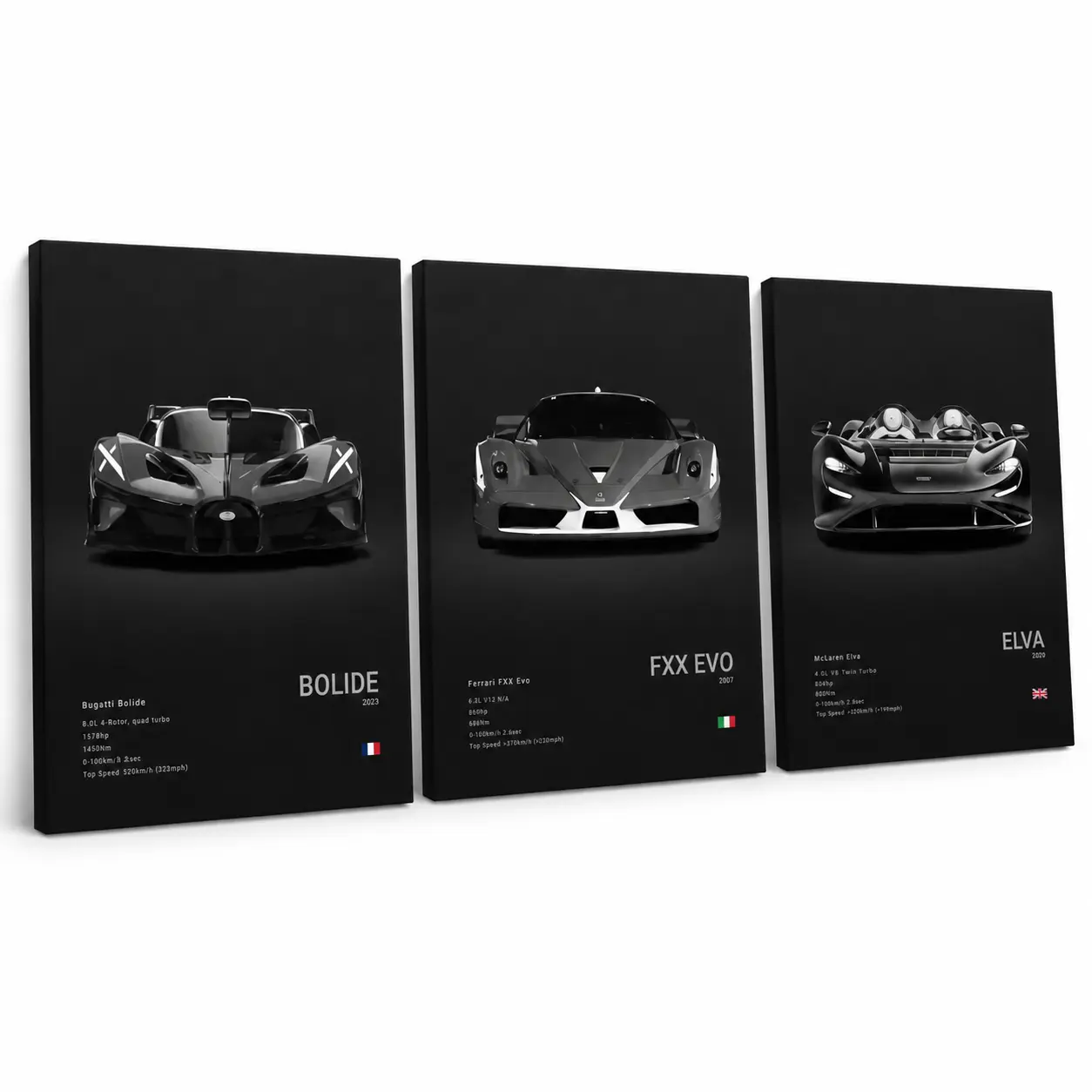 3 Piece Supercar Wall Art, Black Sports Car Canvas Prints, Framed Bedroom or Game Room Decor