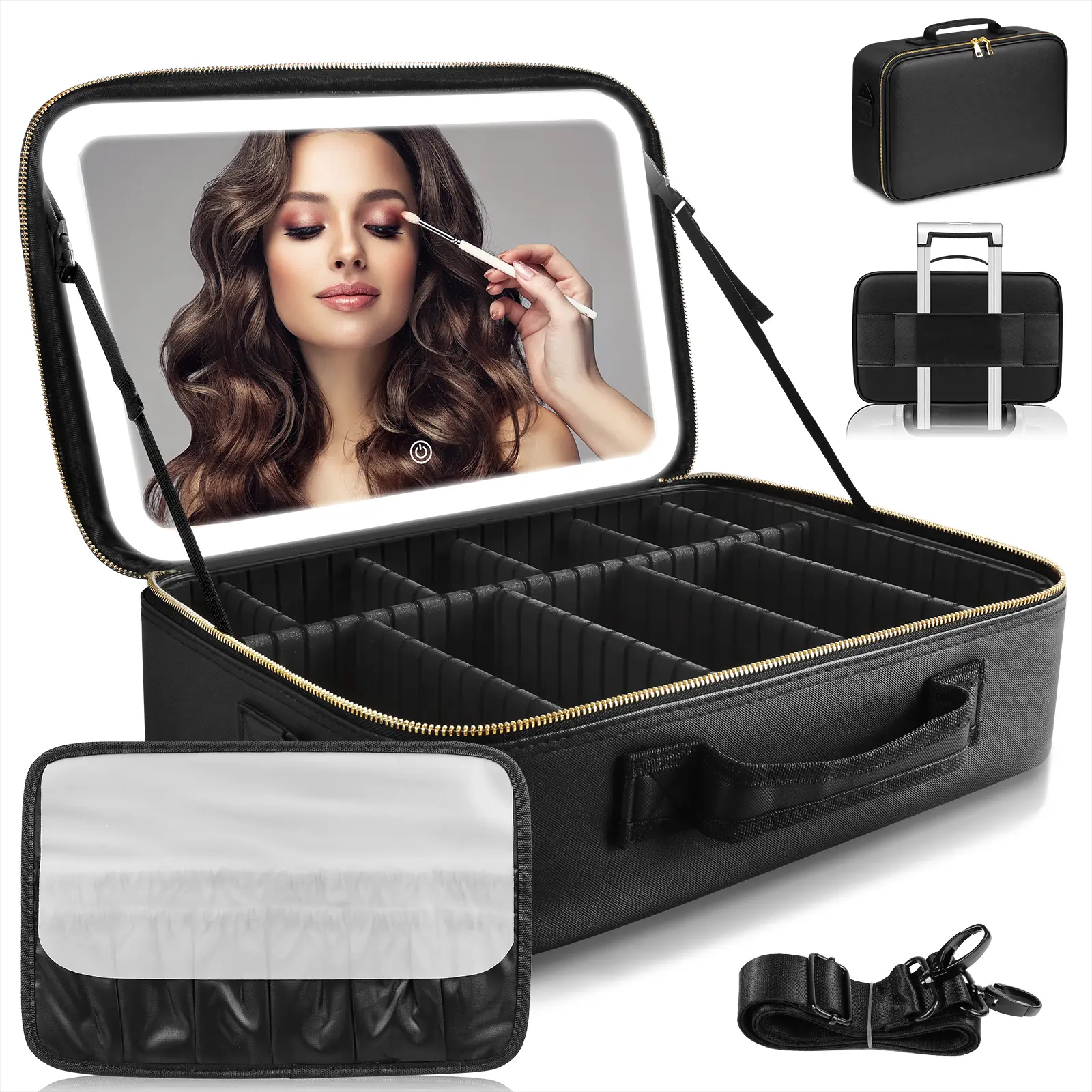 Large Makeup Storage Organizer with 3-Color LED Lighted Mirror, 15” x 11” x 5” Durable PU Leather Travel Case with Adjustable Dividers and Shoulder Strap for Makeup Artists, Travel Cosmetic Bags