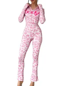 Trendy Leopard Print Fitted Zip Up Semi Sheer Casual Sweater and Legging Set Womenswear Suits