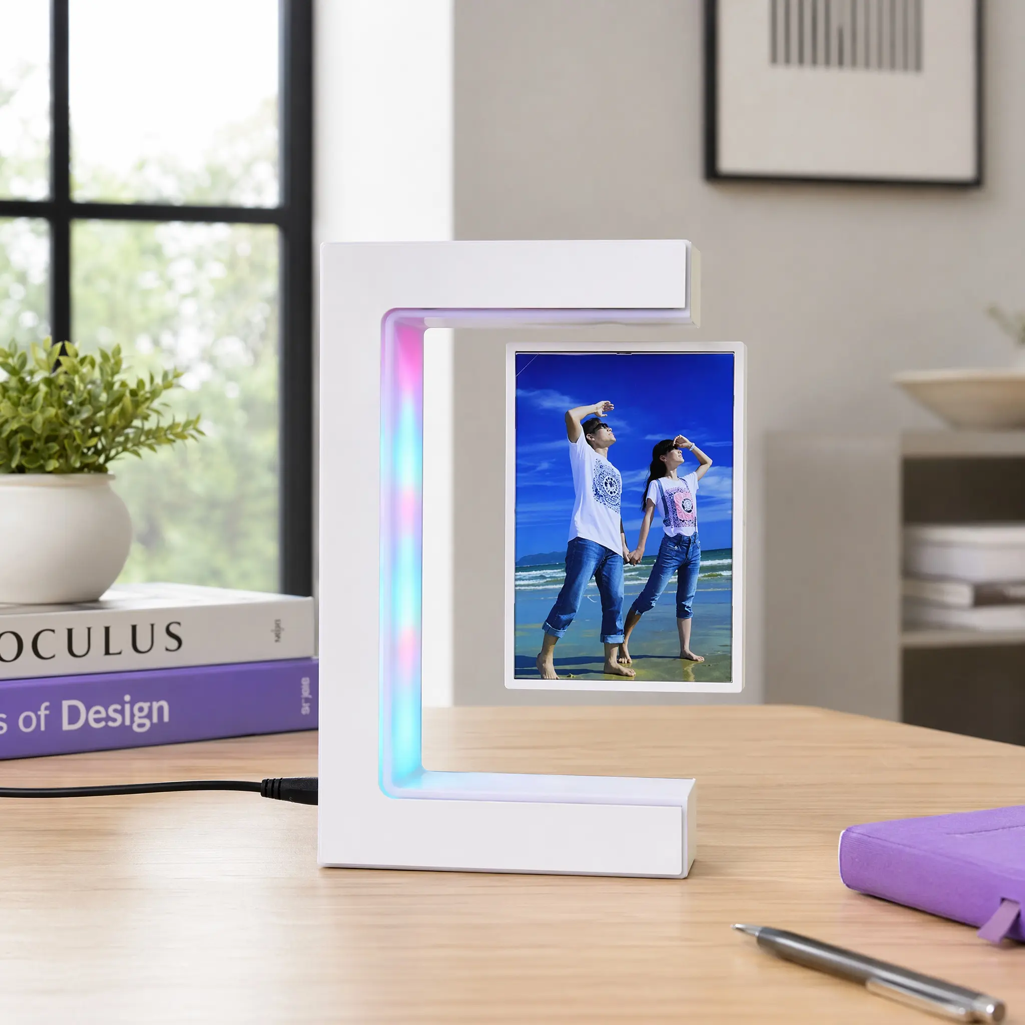 Magnetic Levitation LED Light Acrylic Illusion Picture Frame - 3-Sided Floating Home Decor Item, Bedroom Photo Display Accessory, Ideal Gift for Valentine's Day, Christmas, Acrylic Frame, Illusion Photo Frame