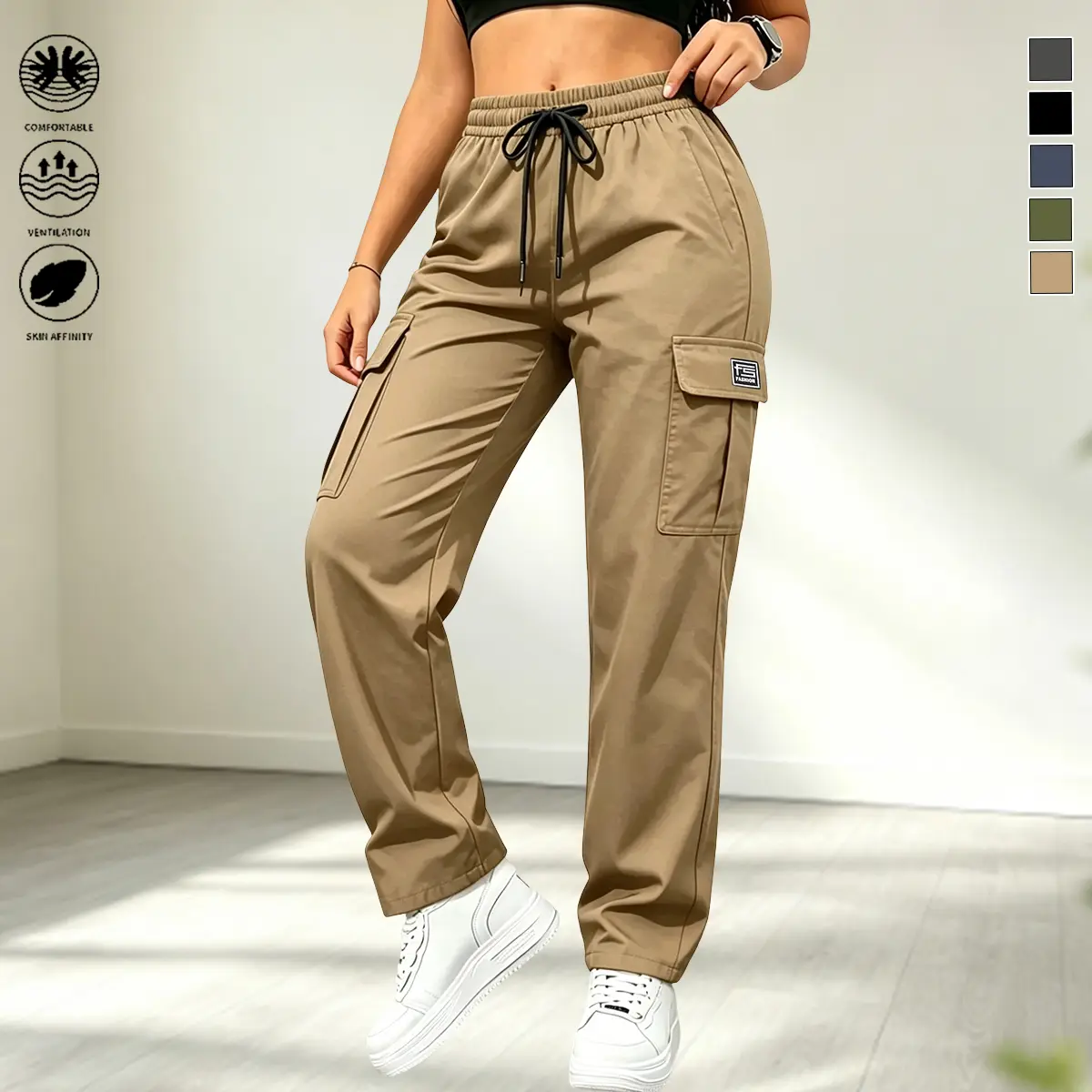 Women’s cargo pants with large side pockets for convenient storage; comfortable, ventilated cargo pants with a drawstring – ideal for everyday wear; women’s bottoms; spring/autumn long pants; womenswear; cargo pants