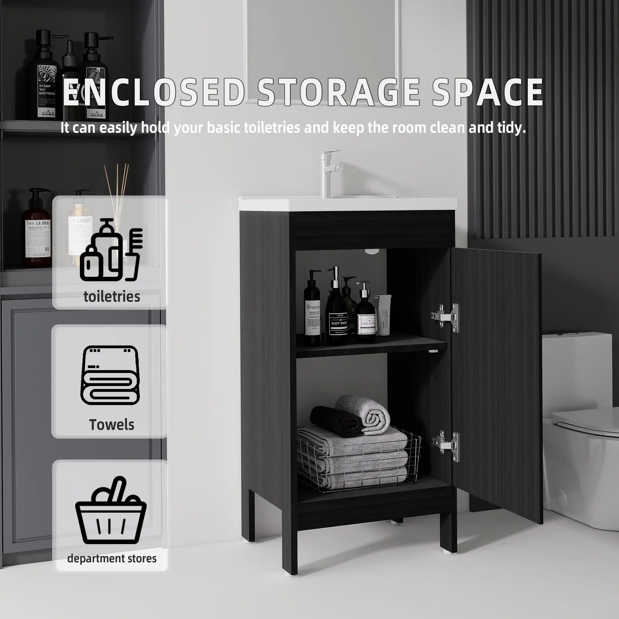 16 Inch Compact Floating Wall Mount Bathroom Vanity, Solid Moisture Resistant Eco-Friendly Plywood Cabinet, Silent Soft Close Single Storage Door, Integrated Anti-Splash Ceramic Sink, Flat Pack Assembly Required