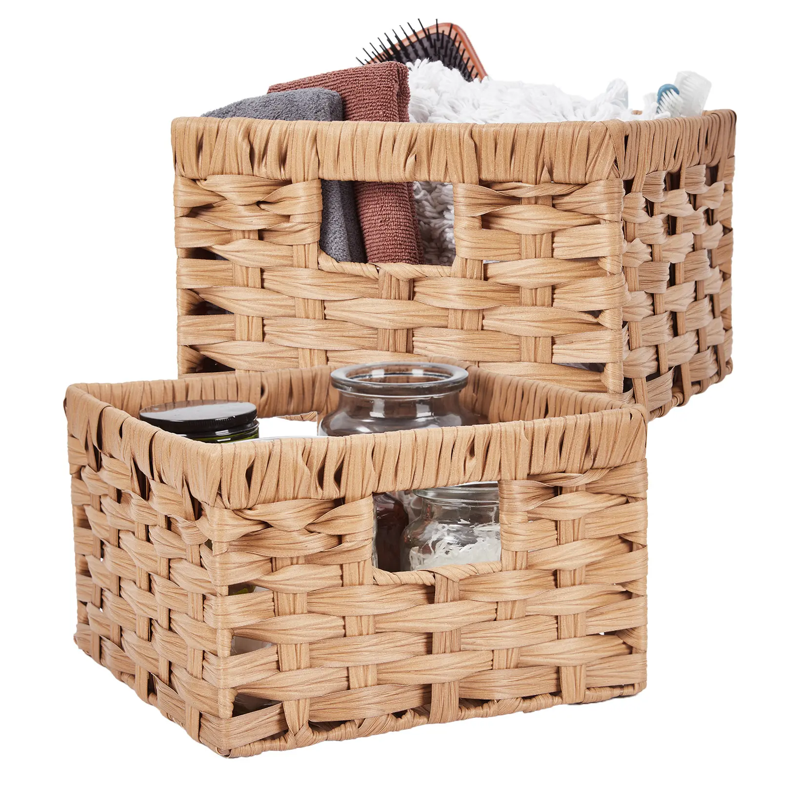 Upgrade Your Space! Set of 2 Waterproof PE Rattan Storage Baskets. Handwoven Square Organizer Bins with Handles for Bathroom Toiletries, Bedroom Linens, Living Room Toys & Outdoor Patio Supplies. Elegant Home Shelf Decor (11.4" & 10.2").