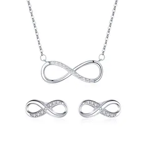 925 Sterling Silver Lucky  Infinity  Sign ZiRconia Earrings And Necklace Jewelry Set For Party, Wedding And Engagement For Women