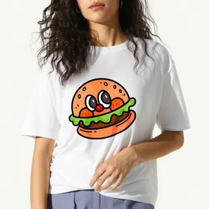 women's T-shirt Cute Burger Face Solid color printed short sleeved women's top White, black, khaki Fashion daily women's clothing