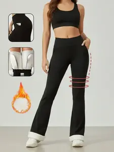 Women's Warm Fleece Lined Pocket Leggings, Solid Flare Leggings, High Stretch Fitness Yoga Pants, High Rise Flared Trousers, Fall & Winter