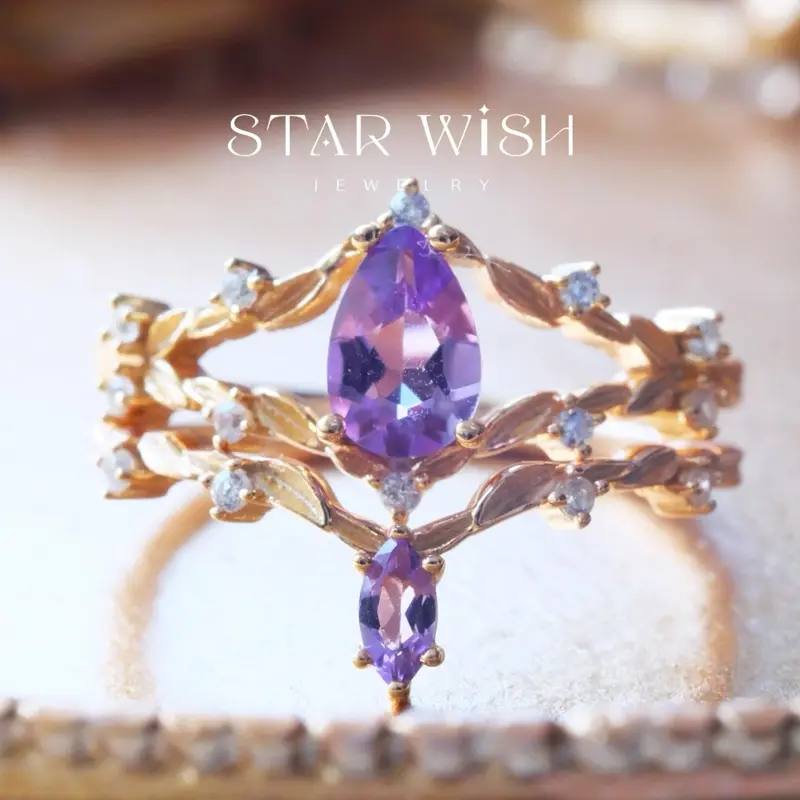 Purple Amethyst Engagement Rings 14K Gold Plated S925 Fairy Promise Ring Set Women Wedding Rings Gift for Girlfriend Mother's Day Gift perfect jewelry