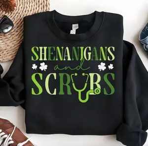 Shenanigans and Scrubs Sweatshirt Funny Nurse St Patrick’s Day Shamrock Graphic Crewneck Pullover Unisex Medical Gift