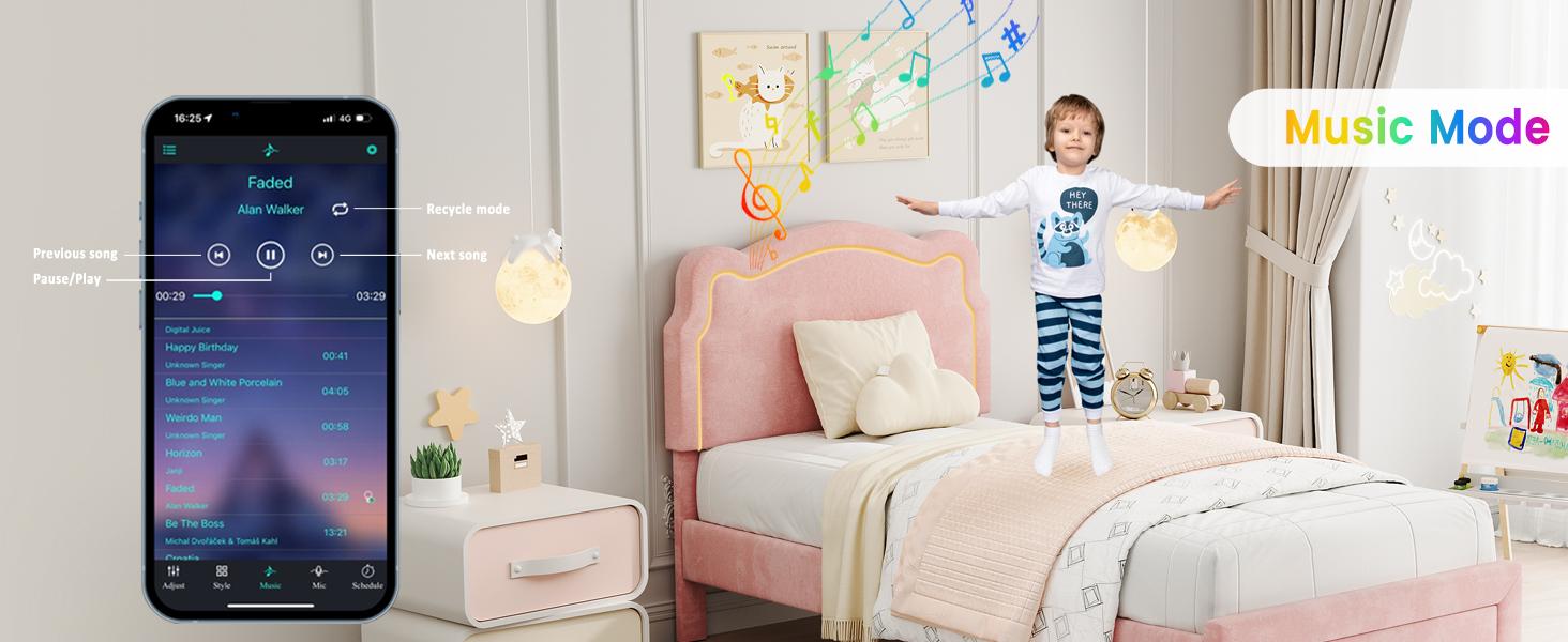 Twin Upholstered Smart LED Bed Frame With Adjustable Headboard, Velvet Princess Platform Bed Frame , Wooden Slats Support, No Box Spring Needed, Easy Assembly,Pink Twin Upholstered Smart LED Bed Frame With Adjustable Headboard, Velvet Princess Platform Bed Frame , Wooden Slats Support, No Box Spring Needed, Easy Assembly,Pink